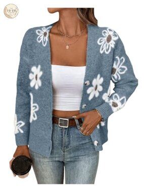Floral Button Down Cardigan Long Sleeve V Neck Knit Sweater